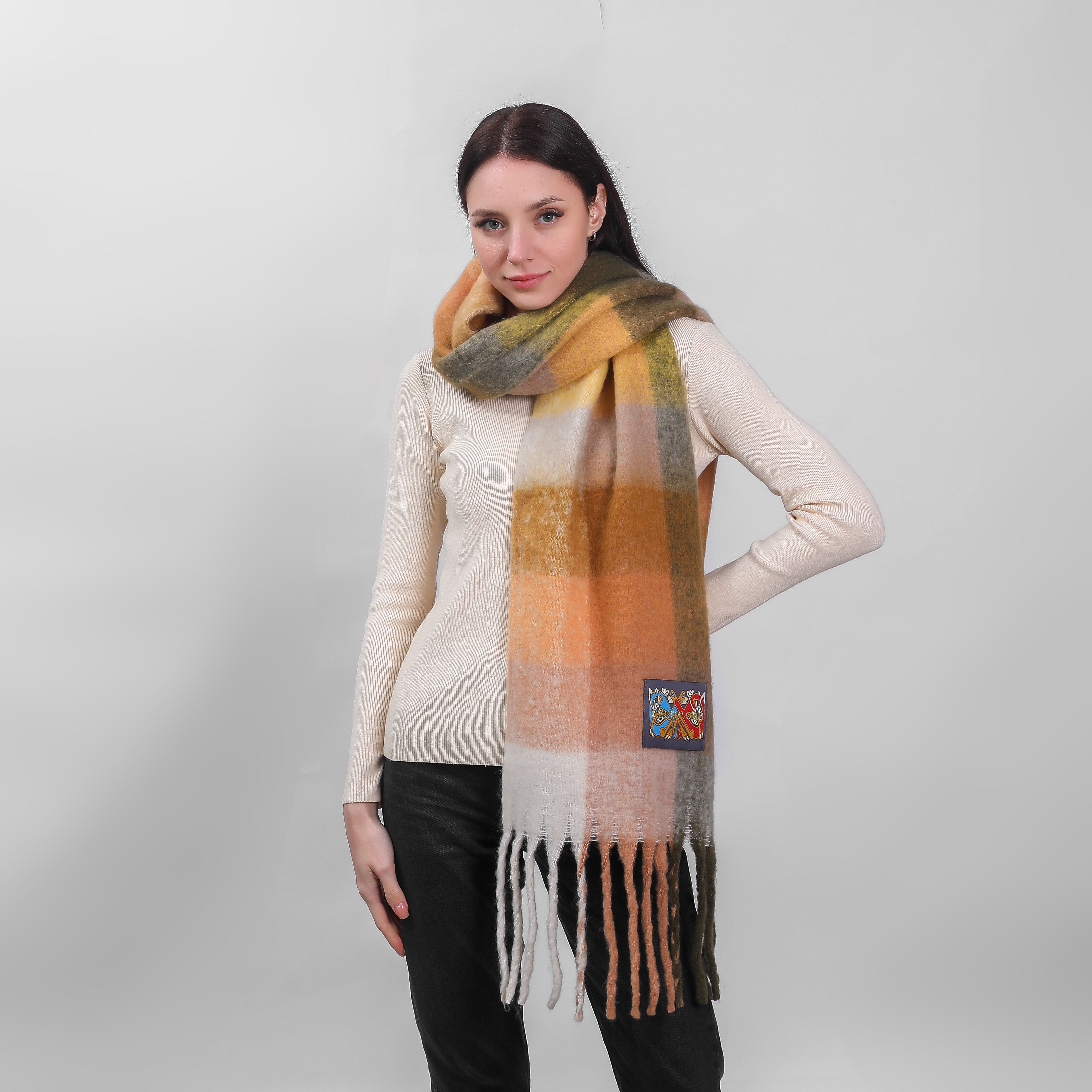 Irish Soft Check Scarf Green Mustard