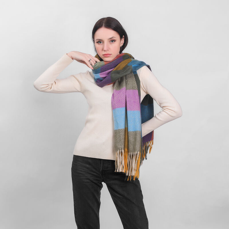 Patchwork Frailed End Scarf Blue