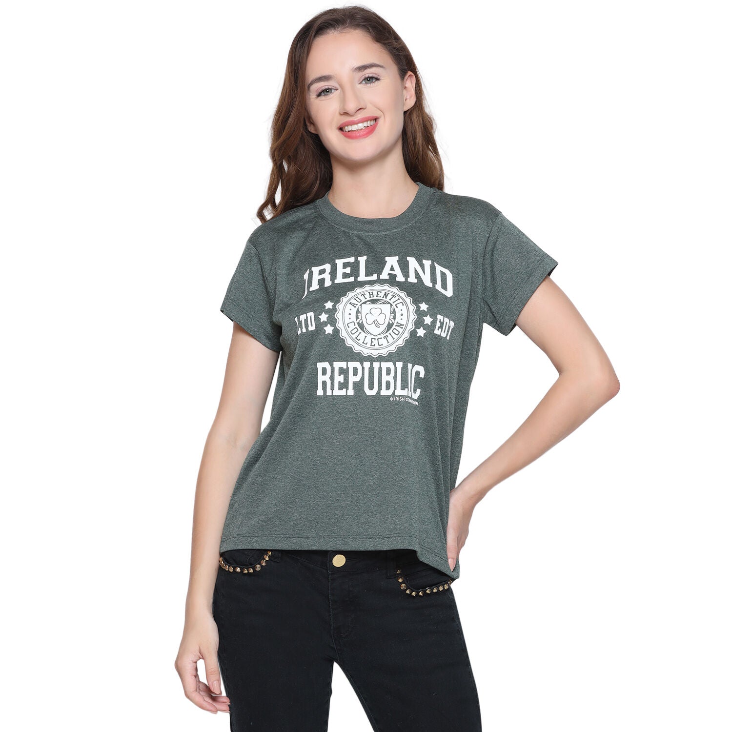 Ladies Ireland Stamps Stars T-Shirt Green Melange