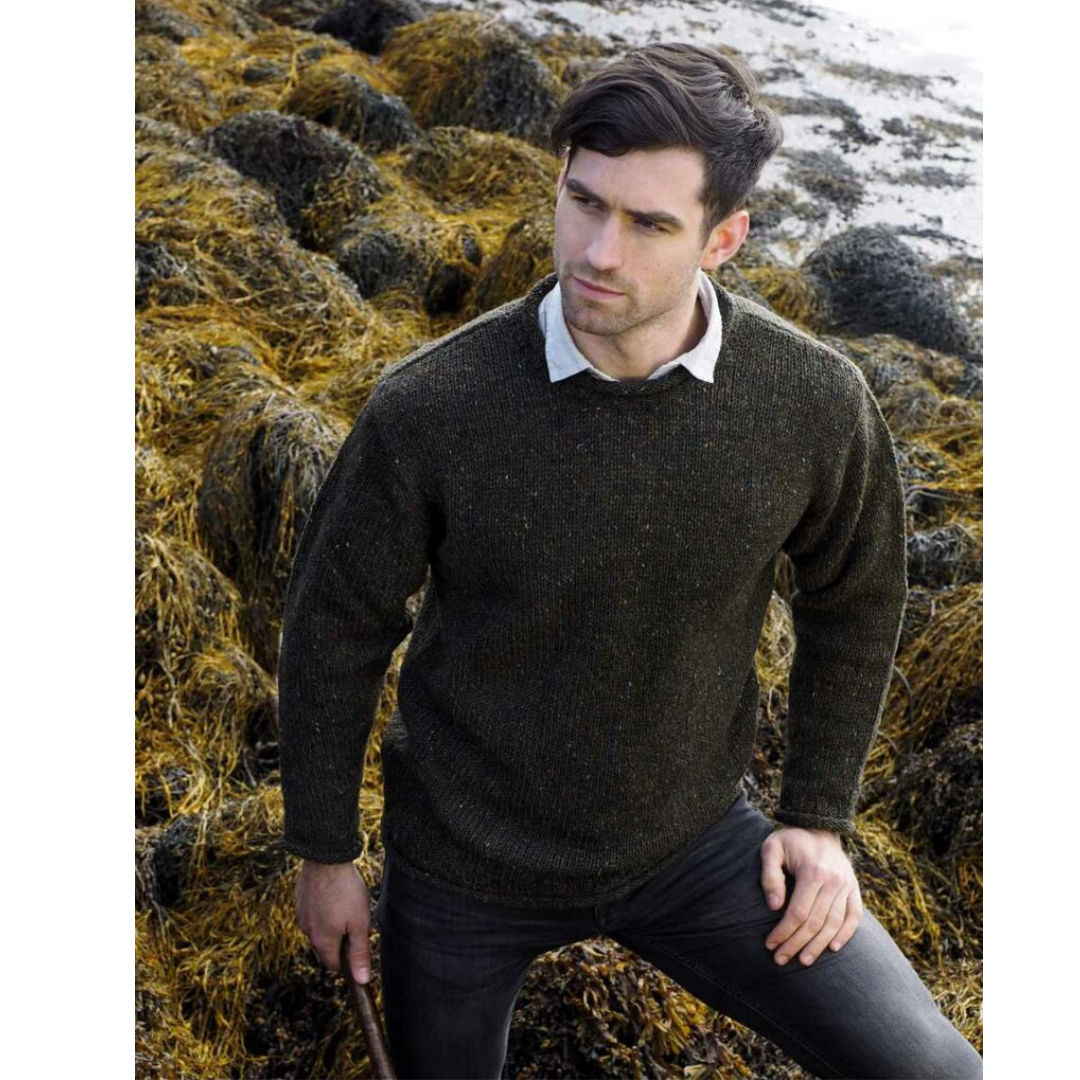 Men's Donegal Wool Curl Neck Green Jumper