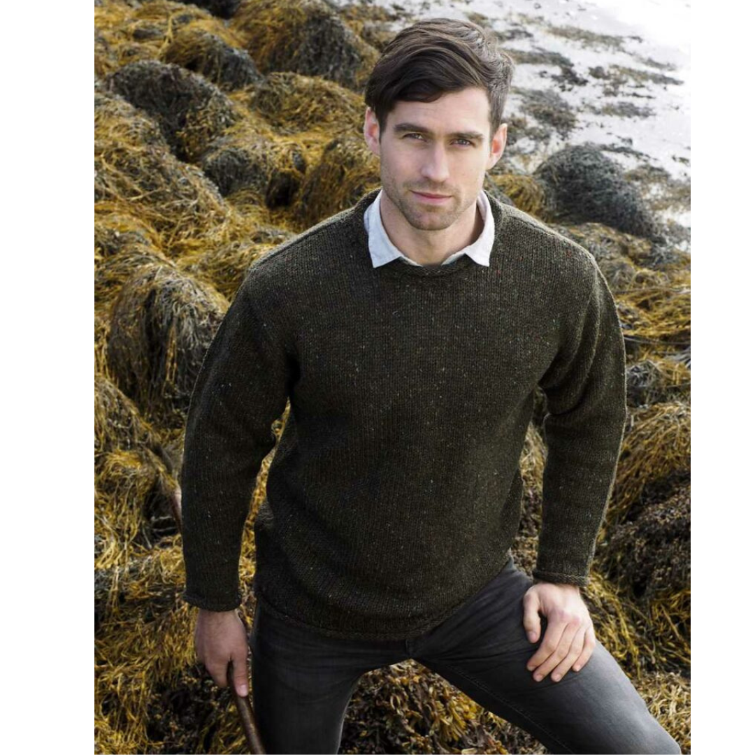 Men's Donegal Wool Curl Neck Green Jumper