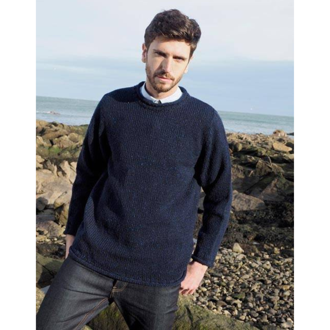 Men's Donegal Wool Curl Neck Navy Jumper