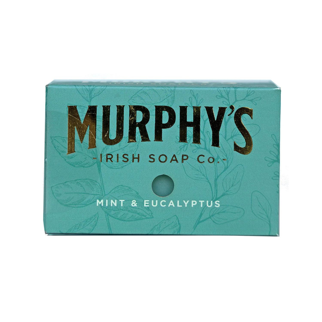 Green soap box labeled Murphy's Irish Soap Co. with mint and eucalyptus