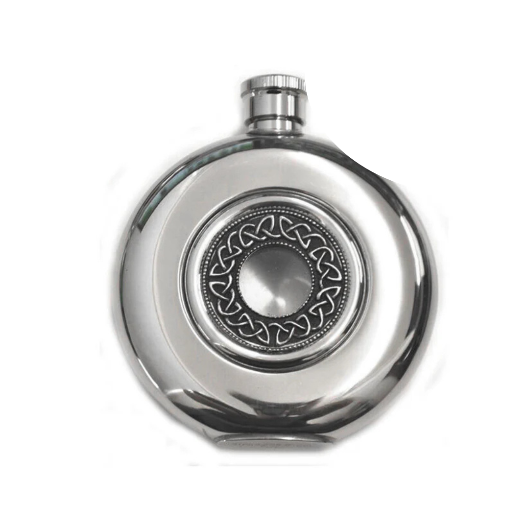 Mullingar Pewter Opened Face Whiskey Flask With Celtic Design
