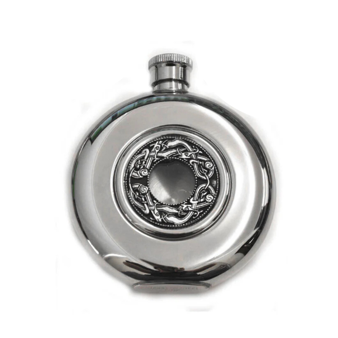 Mullingar Pewter Opened Faced Whiskey Face With Kells Design