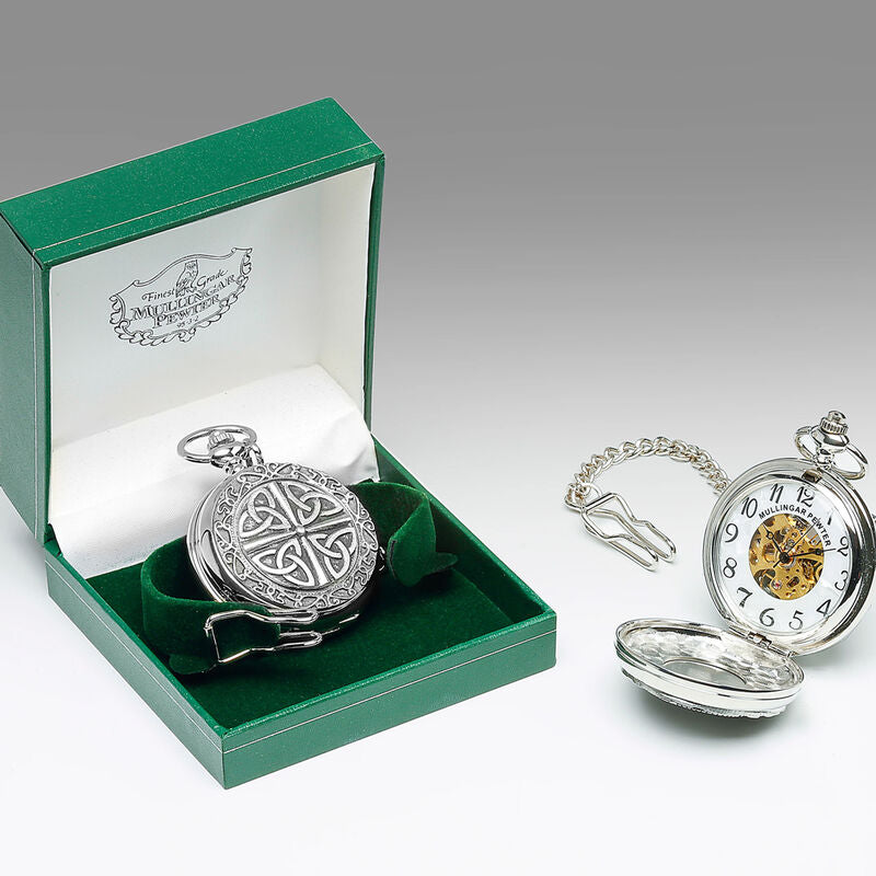 Mullingar Pewter Pocket Watch With Trinity Knot Design & Celtic Border
