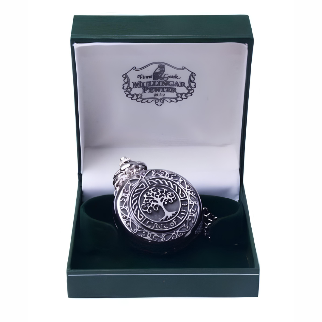 Mullingar Pewter Pocket Watch With Tree Of Life Design & Celtic Border
