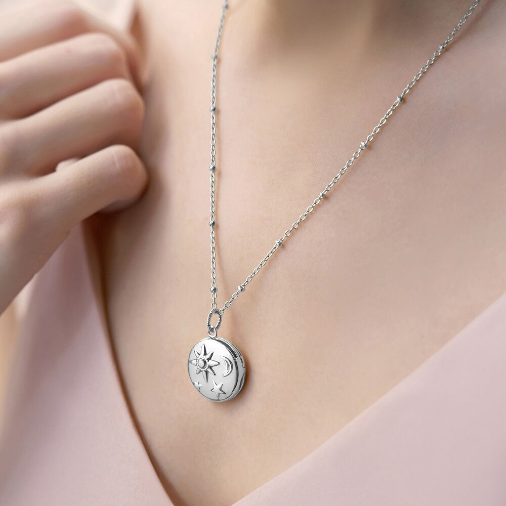 Silver Plated Amy Huberman Newbridge Silverware Locket with Sun Moon & Stars Design