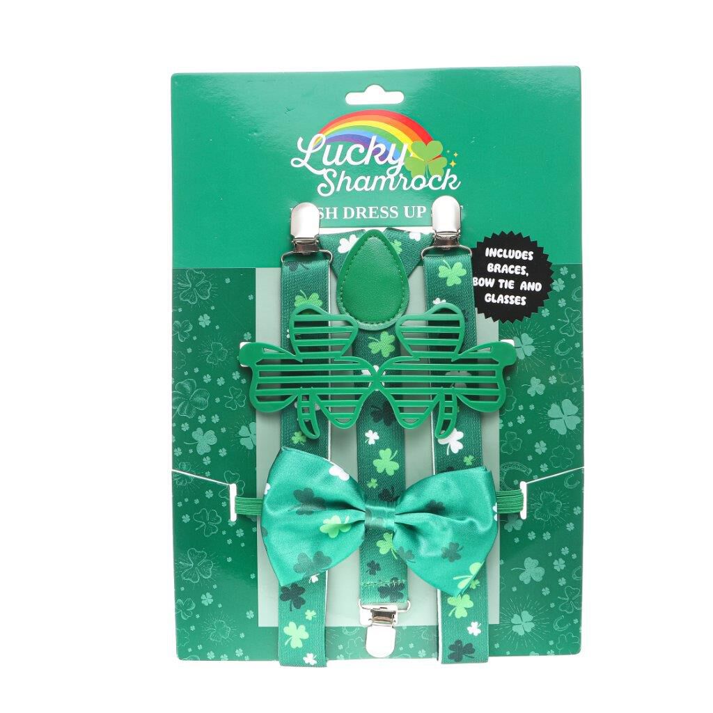 Green shamrock-themed suspenders, bow tie, and novelty glasses set