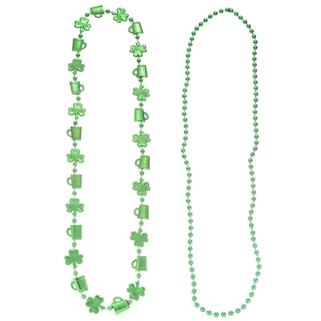 Set of two green bead necklaces with shamrock and mug charm decorations