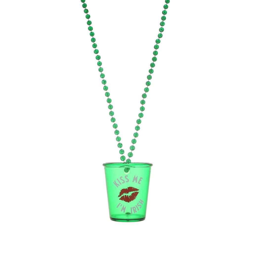 Green beaded necklace with a green shot glass pendant and kiss mark