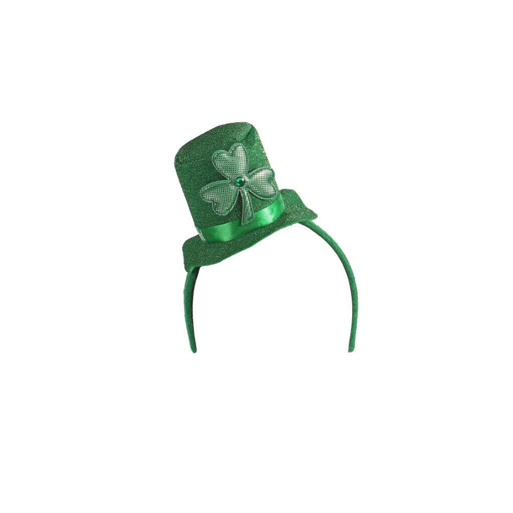 Green glittery headband with a small top hat and shamrock decoration