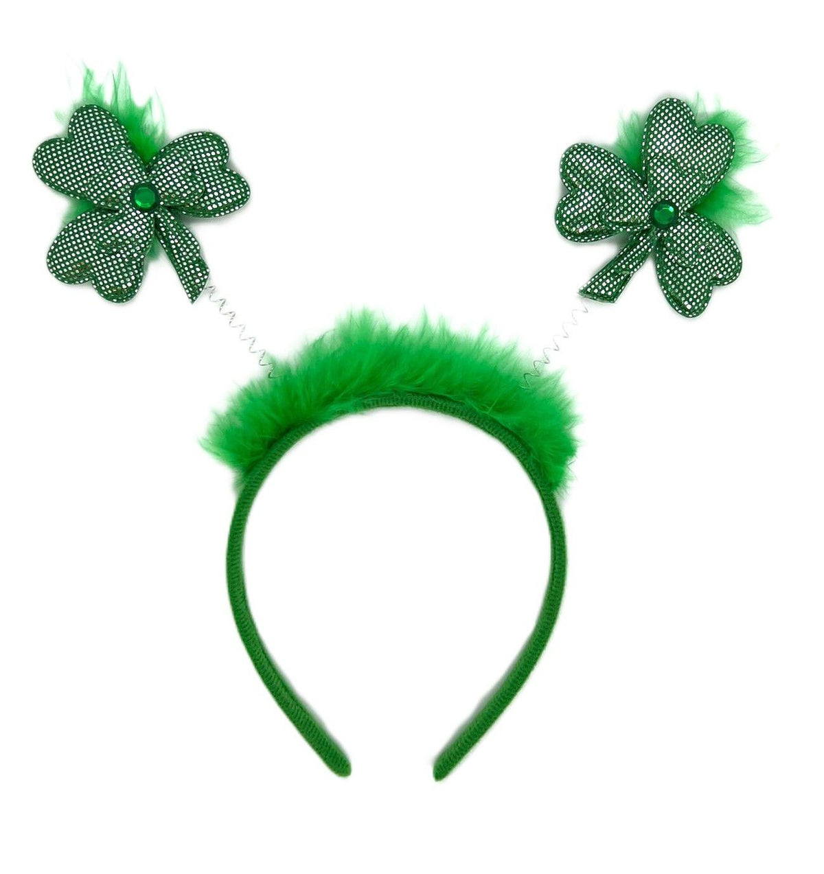 Green headband with two springy shamrock decorations and fluffy trim