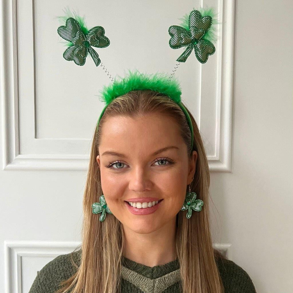Smiling woman wearing green shamrock headband and matching earrings