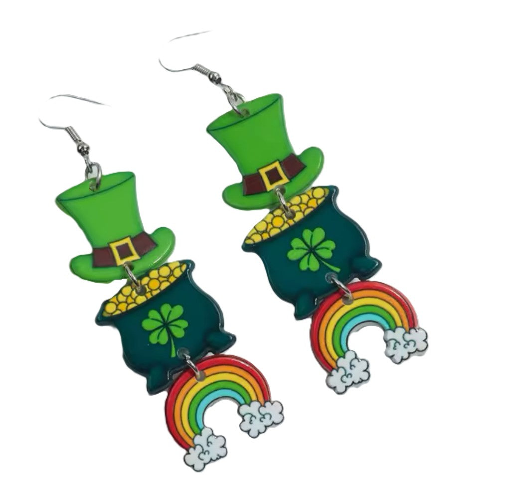 Paddys Hat and Rainbow Earrings set with green top hat and rainbow charms
