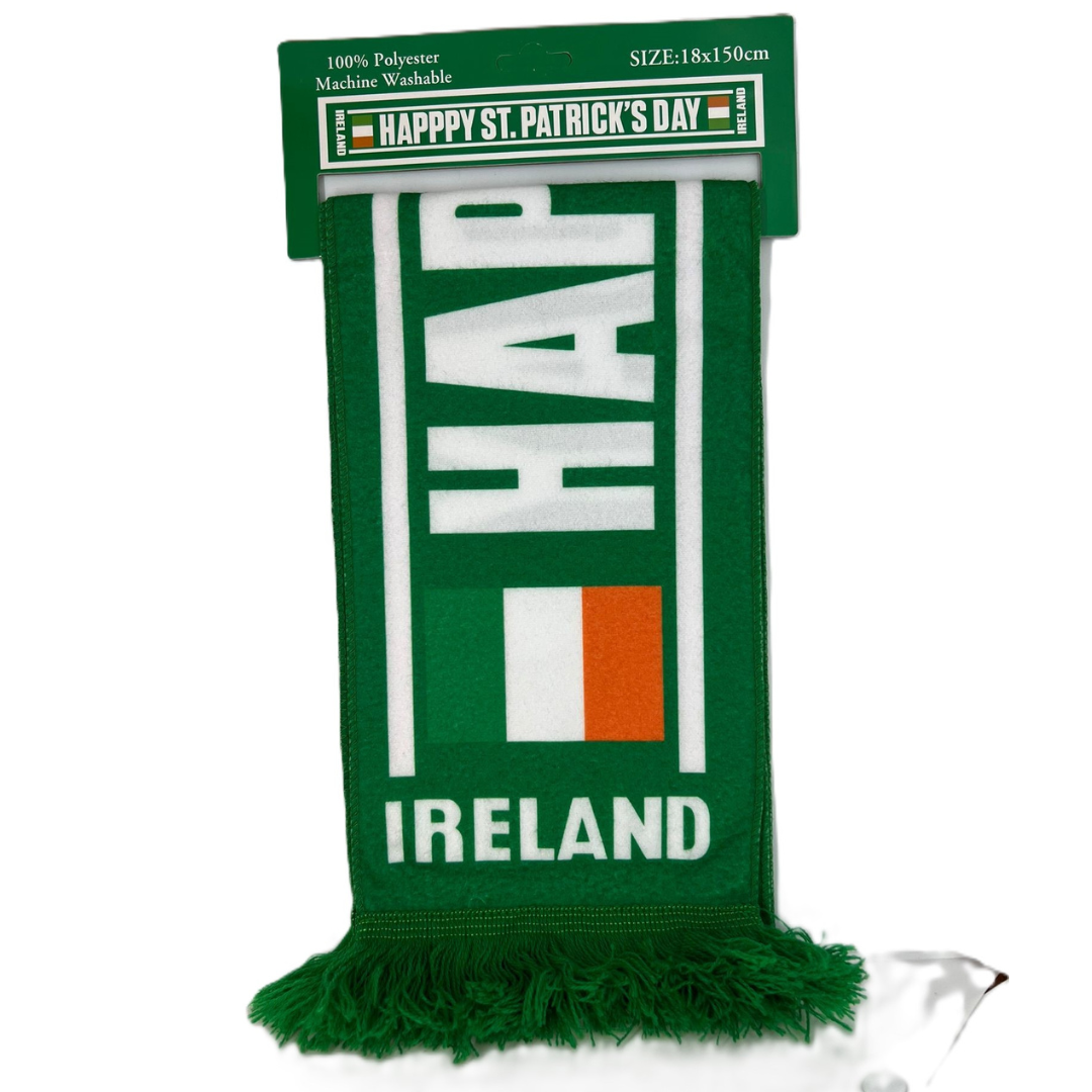 Green scarf with Irish flag and text celebrating St. Patrick's Day