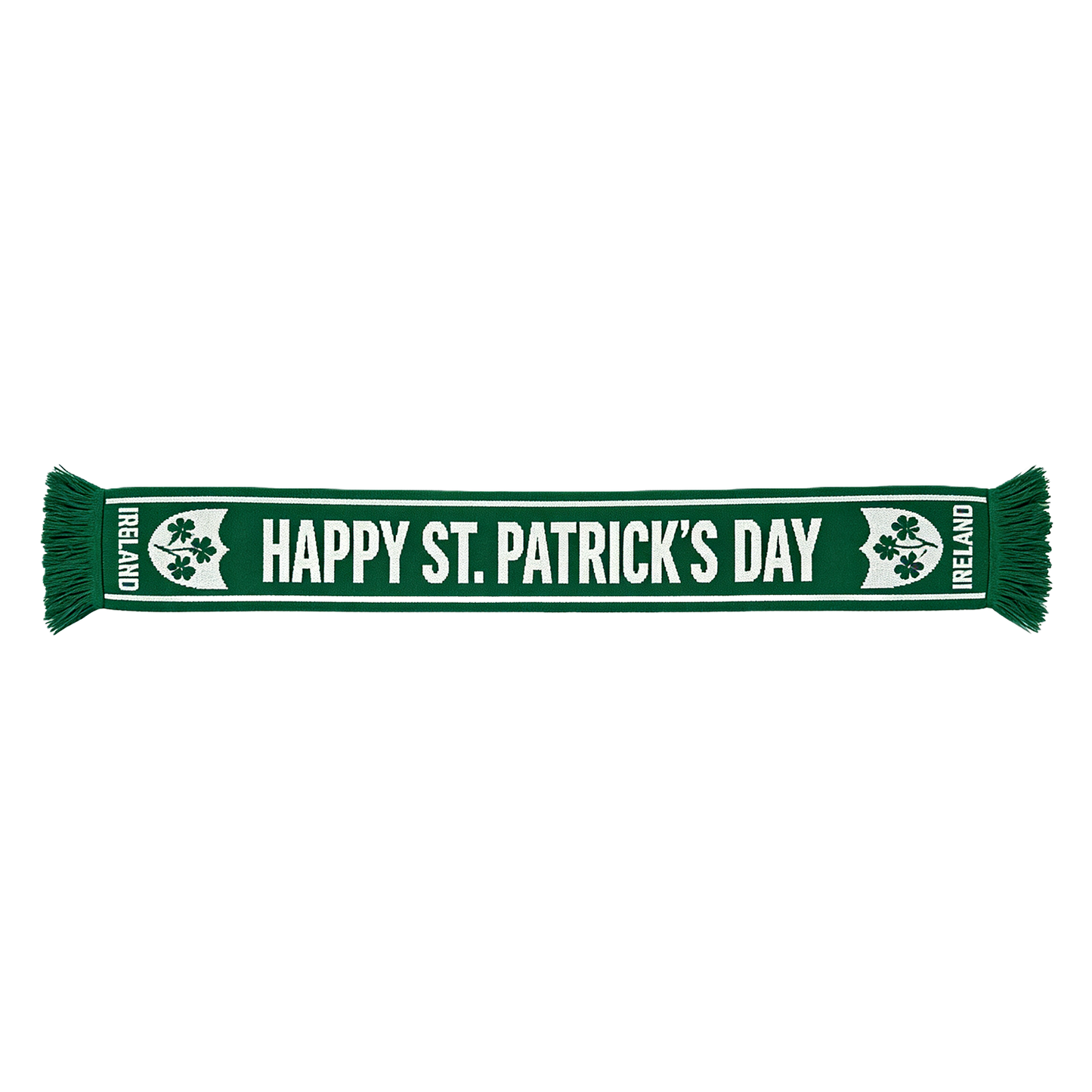Green St Patrick's Day scarf with bold white text and fringed ends laid flat
