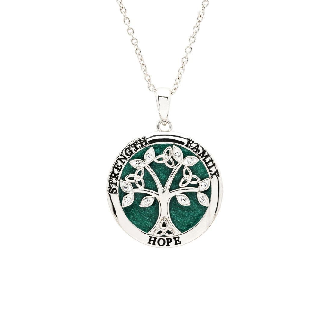 Platinum Plated Green Enamel Tree Of Life Pendant