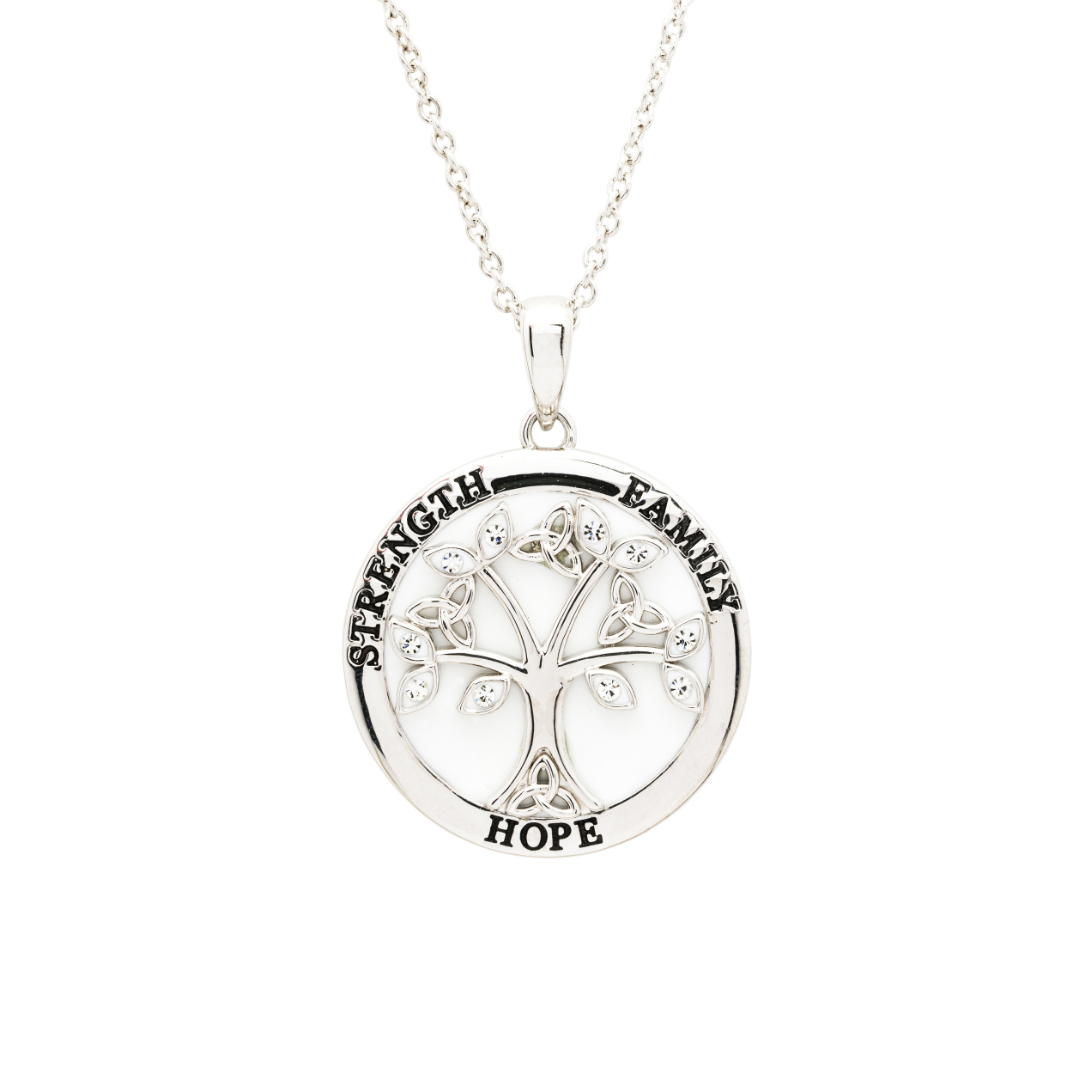 Platinum Plated White Enamel Tree Of Life Pendant