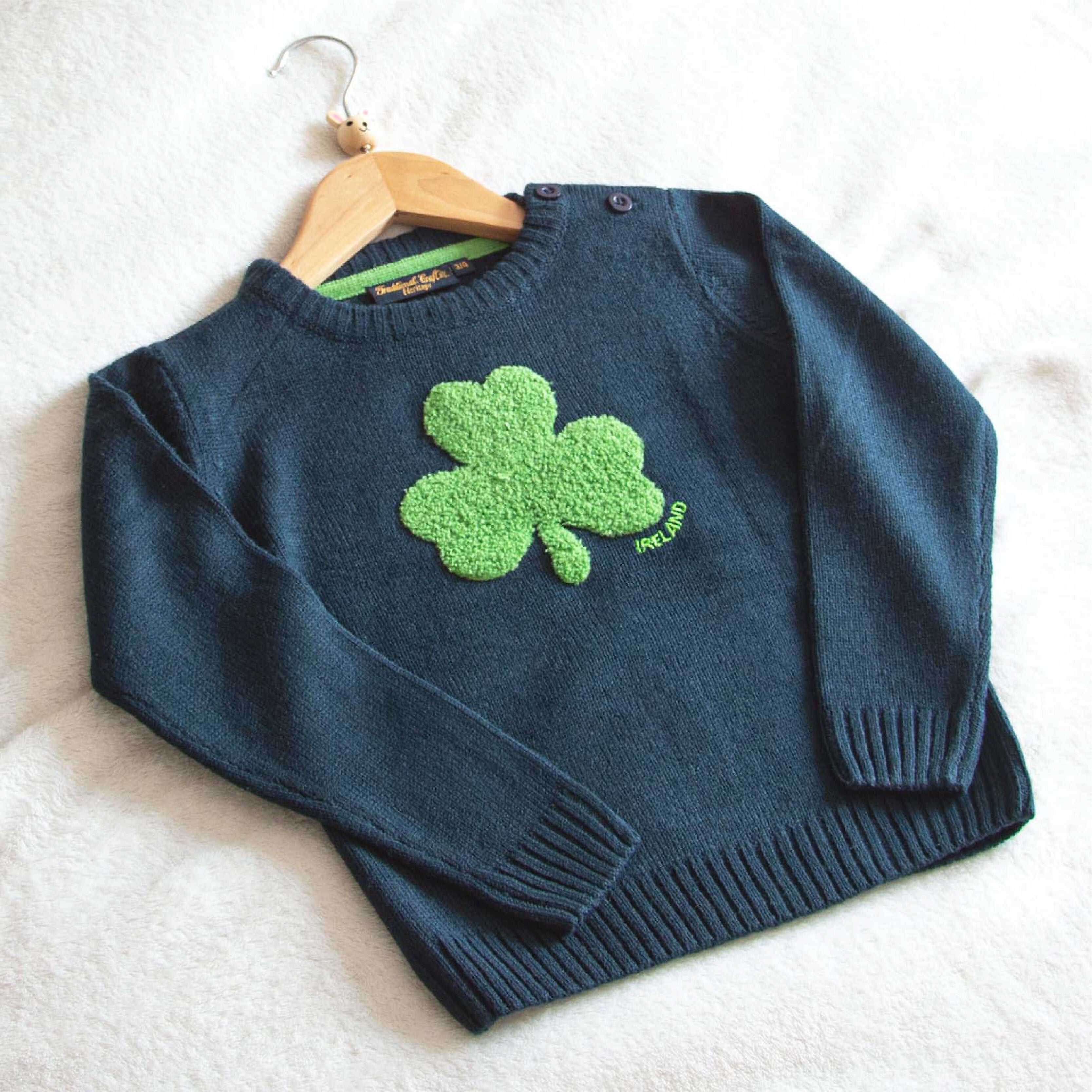 Kids Crew Neck Sweater With Fluffy Shamrock Navy