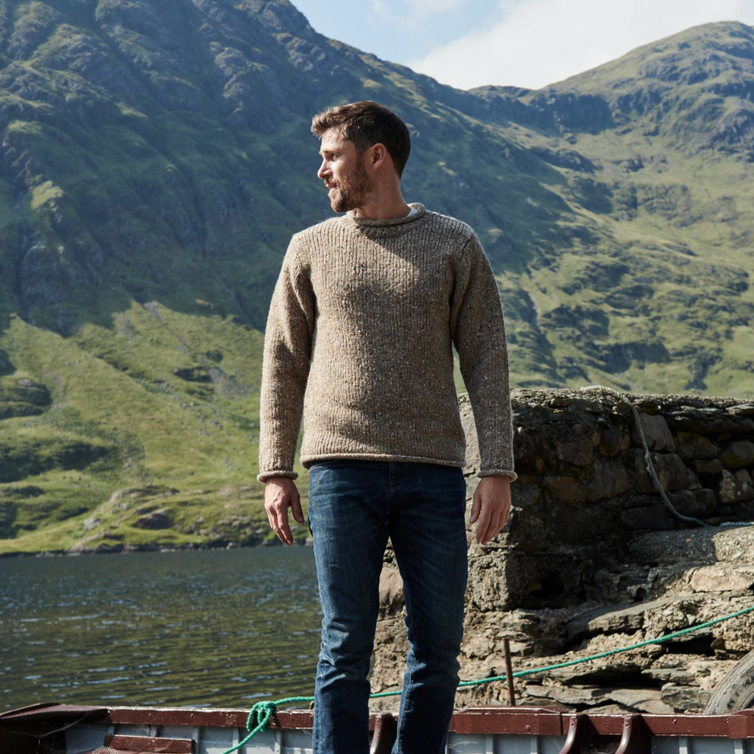 Men's Roll Neck Fisherman's Woollen Oatmeal Jumper