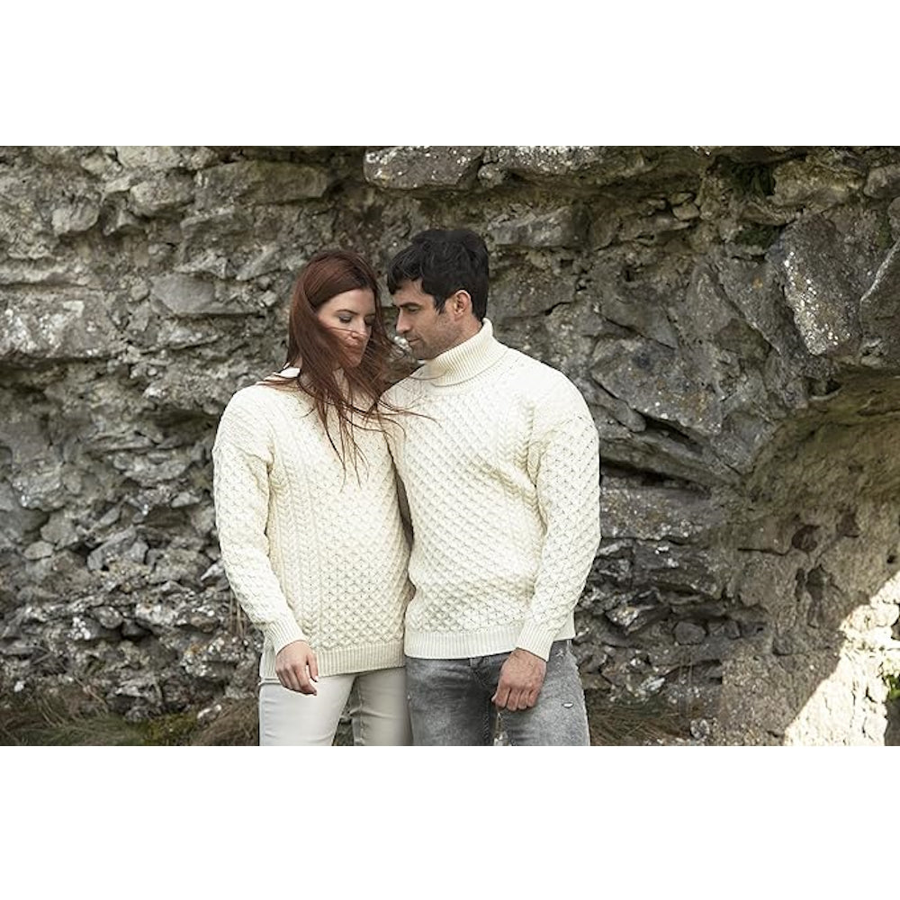 Unisex Irish Cable Knitted Soft Roll Neck Natural Sweater