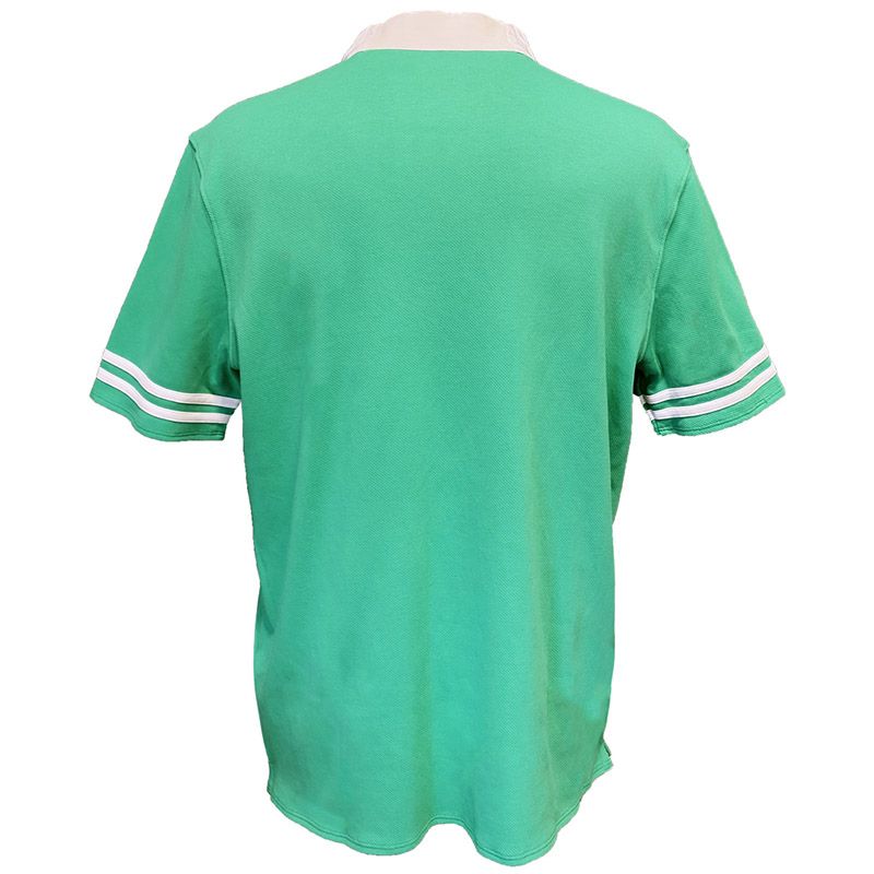 Back view of green short sleeve shirt with white collar and sleeve stripes