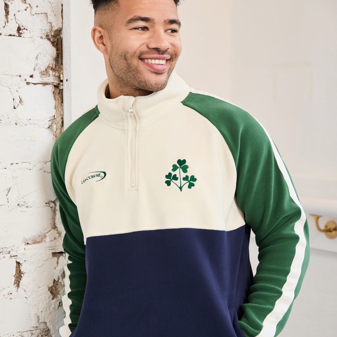 Men's Quarter Zip Shamrock Cream, Navy and Green Fleece