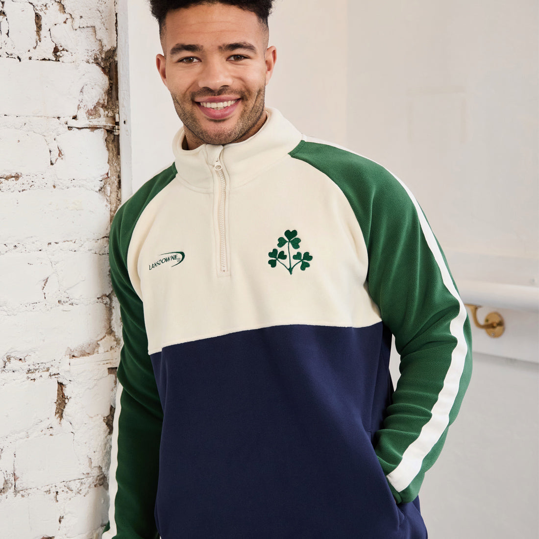 Men's Quarter Zip Shamrock Cream, Navy and Green Fleece