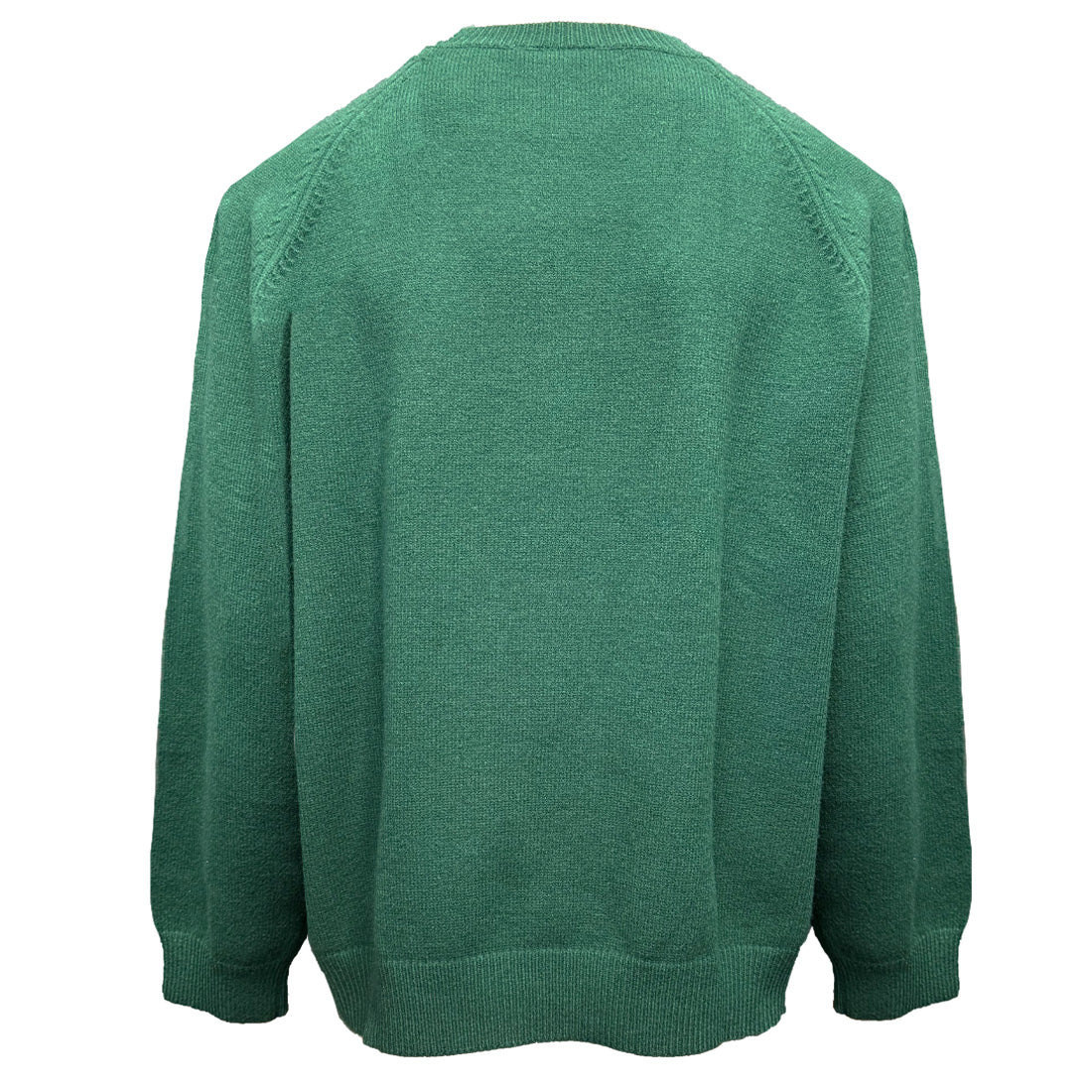 Back view of a green Ireland knitted jumper showing a plain knit texture and ribbed hem.