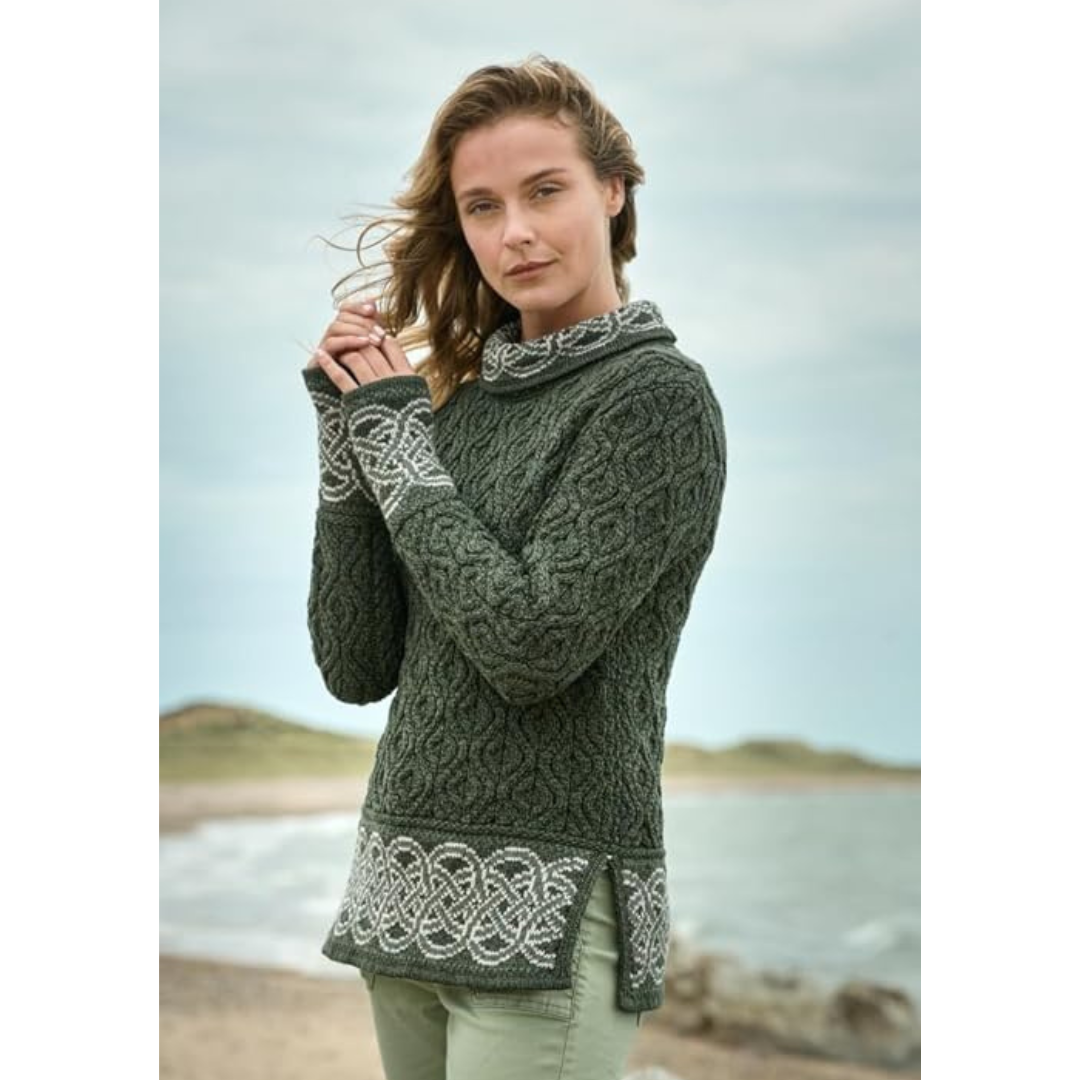 Ladies Ranelagh Jacquard Aran Green Sweater
