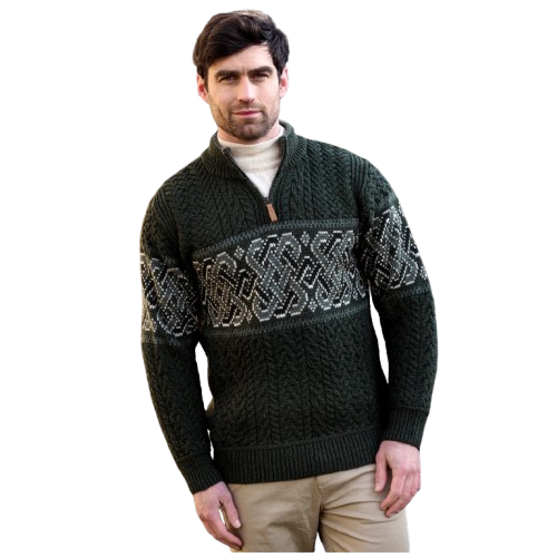 Men's Half-Zipped Celtic Jacquard Green Aran Jumper