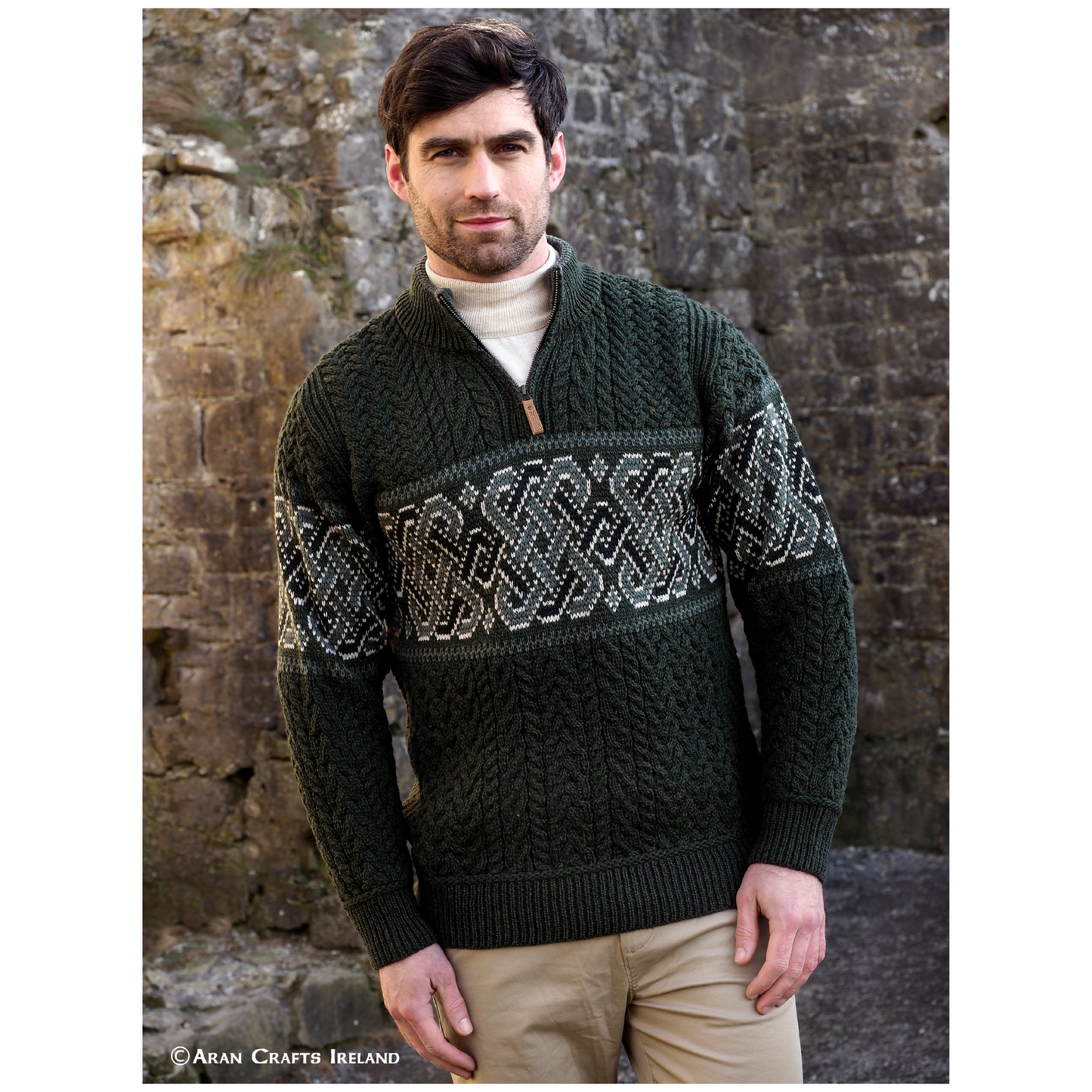 Men's Half-Zipped Celtic Jacquard Green Aran Jumper