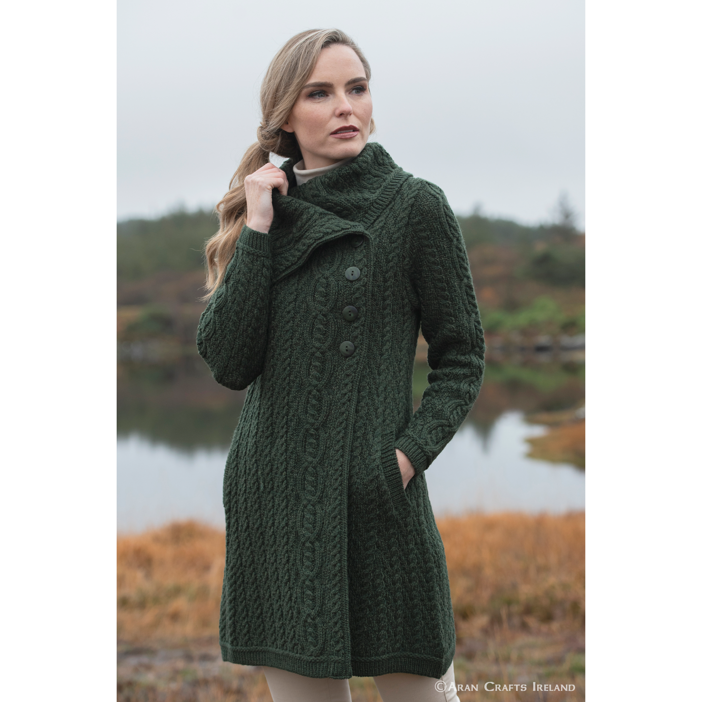 Ladies Merino Wool Chunky Collar Green Aran Coat