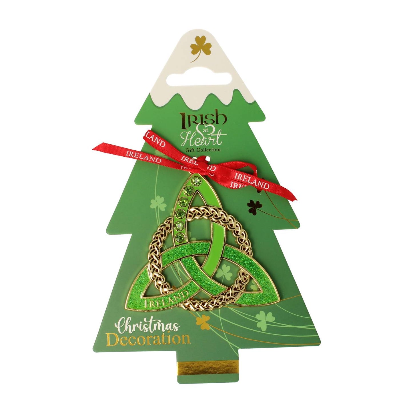 Green Christmas tree shaped card displaying a glittery gold Trinity knot metal decoration with a red Ireland ribbon