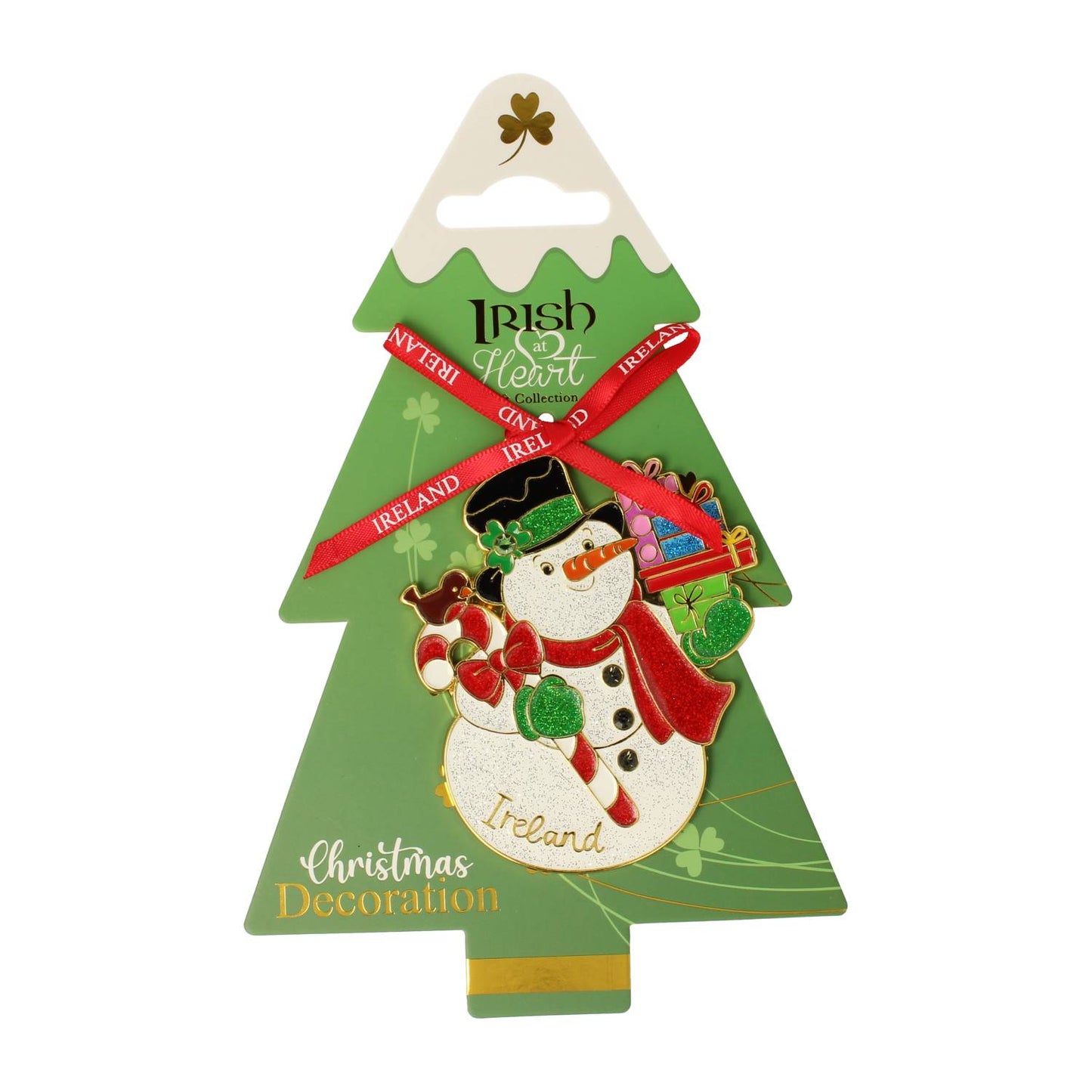 Irish at Heart metal Christmas tree decoration featuring a festive snowman ornament and a red Ireland ribbon