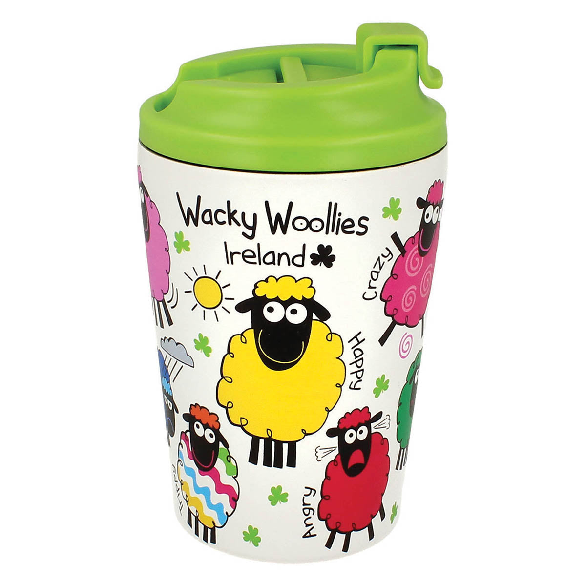 White thermal cup with lime green lid and colorful playful sheep illustrations from Wacky Woollies Ireland