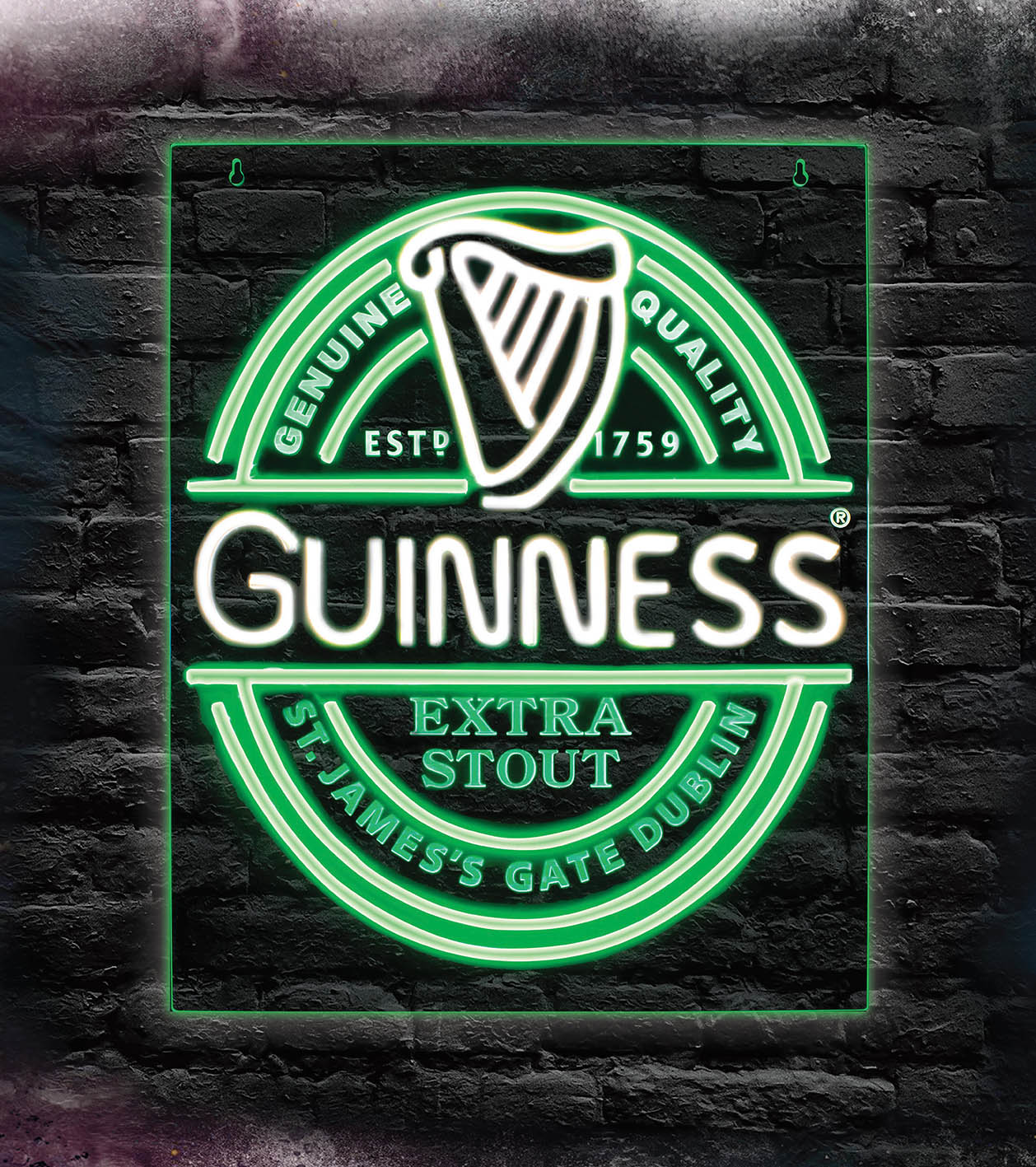 Guinness LED neon sign with harp logo on a dark brick wall