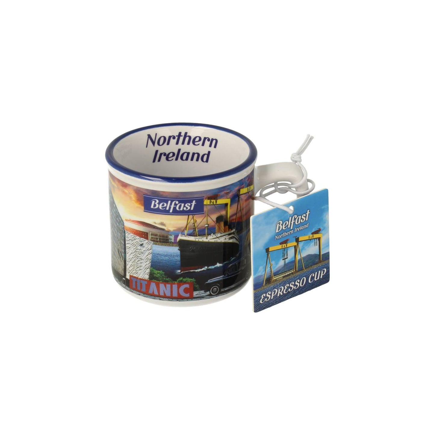 Belfast Montage espresso cup featuring harbor and Titanic imagery with a blue Belfast tag