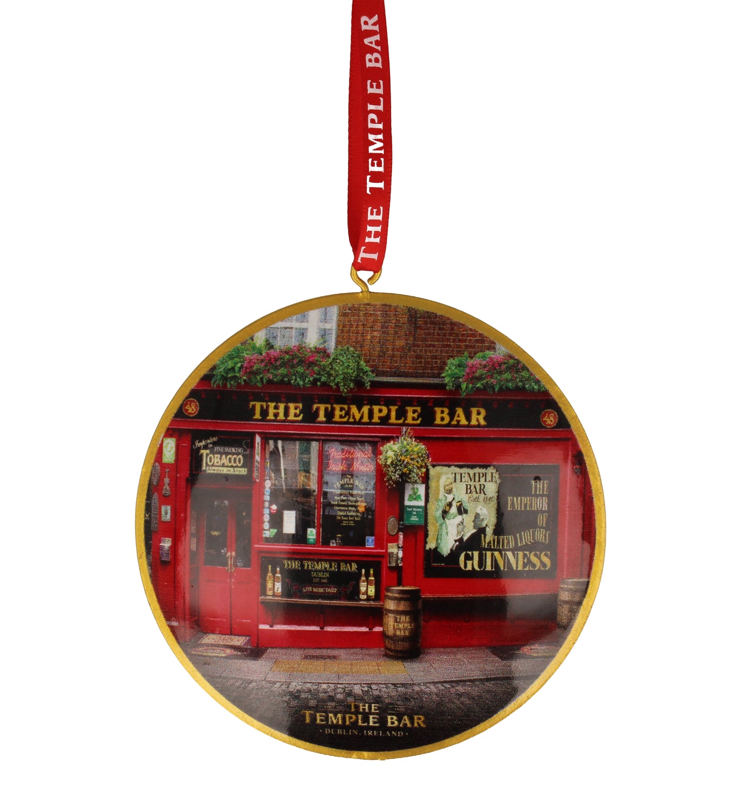 Round gold-edged ornament featuring The Temple Bar Dublin storefront with a red facade.