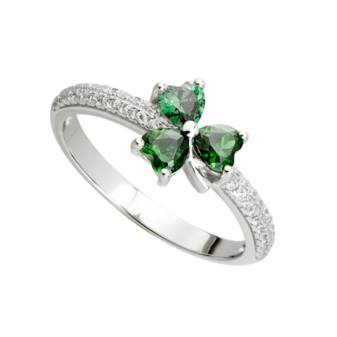 Hallmarked Sterling Silver Green Cubic Zirconia Shamrock Ring
