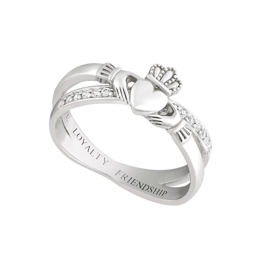 Ladies Hallmarked Sterling Silver Claddagh Cross Ring With Clear Crystals