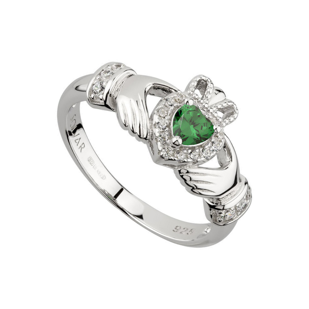 Hallmarked Sterling Silver Green Cubic Zirconia Claddagh Ring
