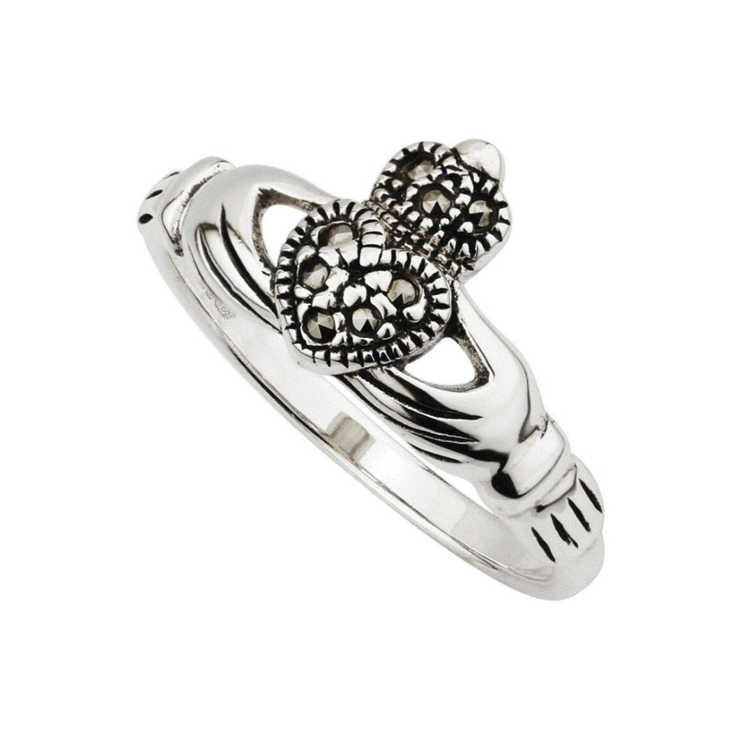 Ladies Claddagh Ring With Marcasite Stones Hallmarked Sterling Silver