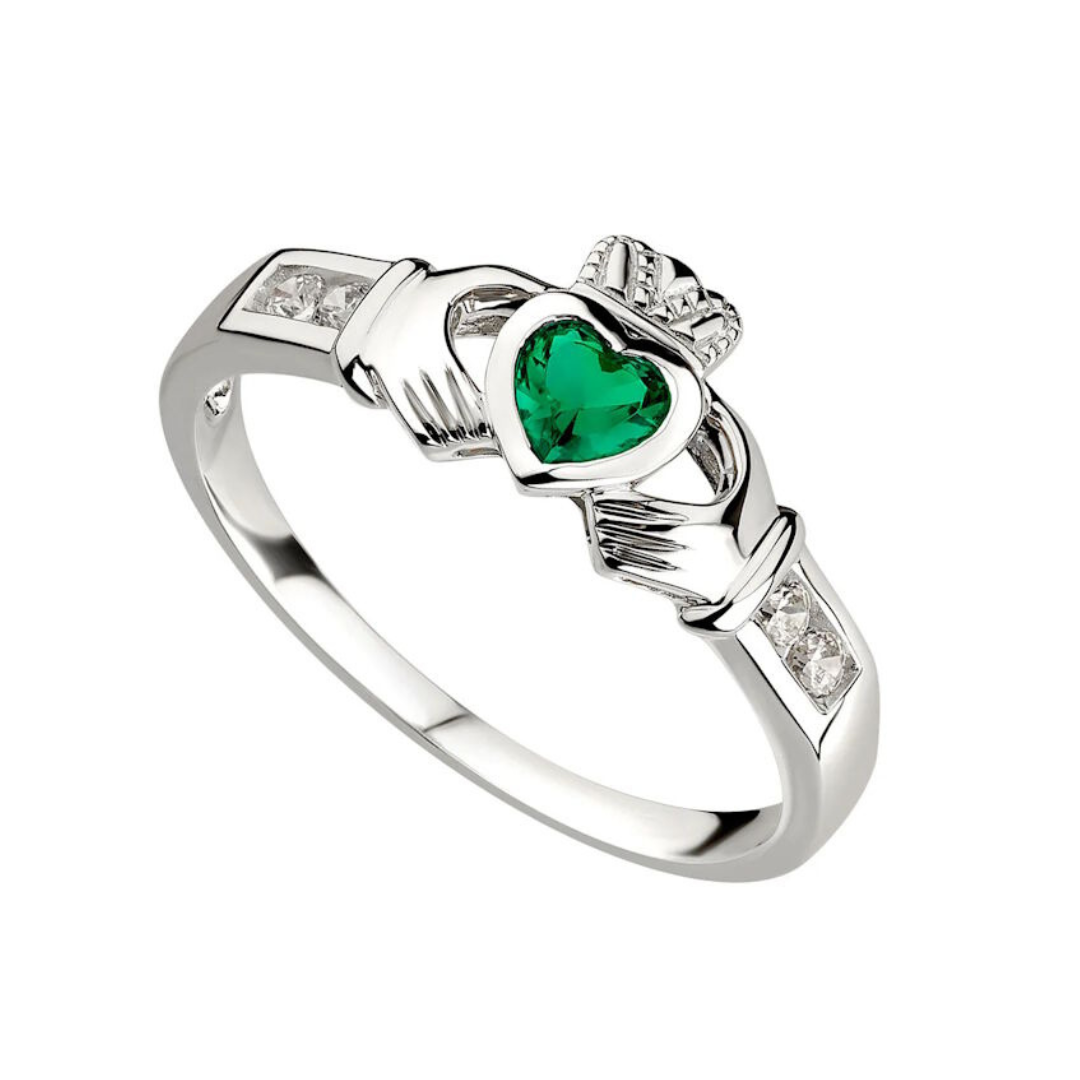 Sterling Silver Claddagh With Synthetic Emerald Ring