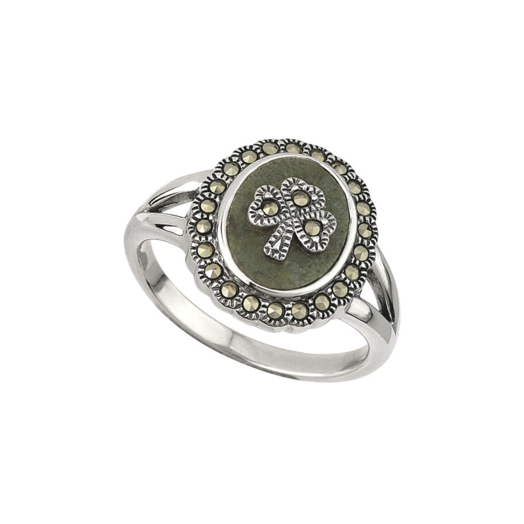 Hallmarked Sterling Silver Marcasite Connemara Marble Shamrock Embedded Ring