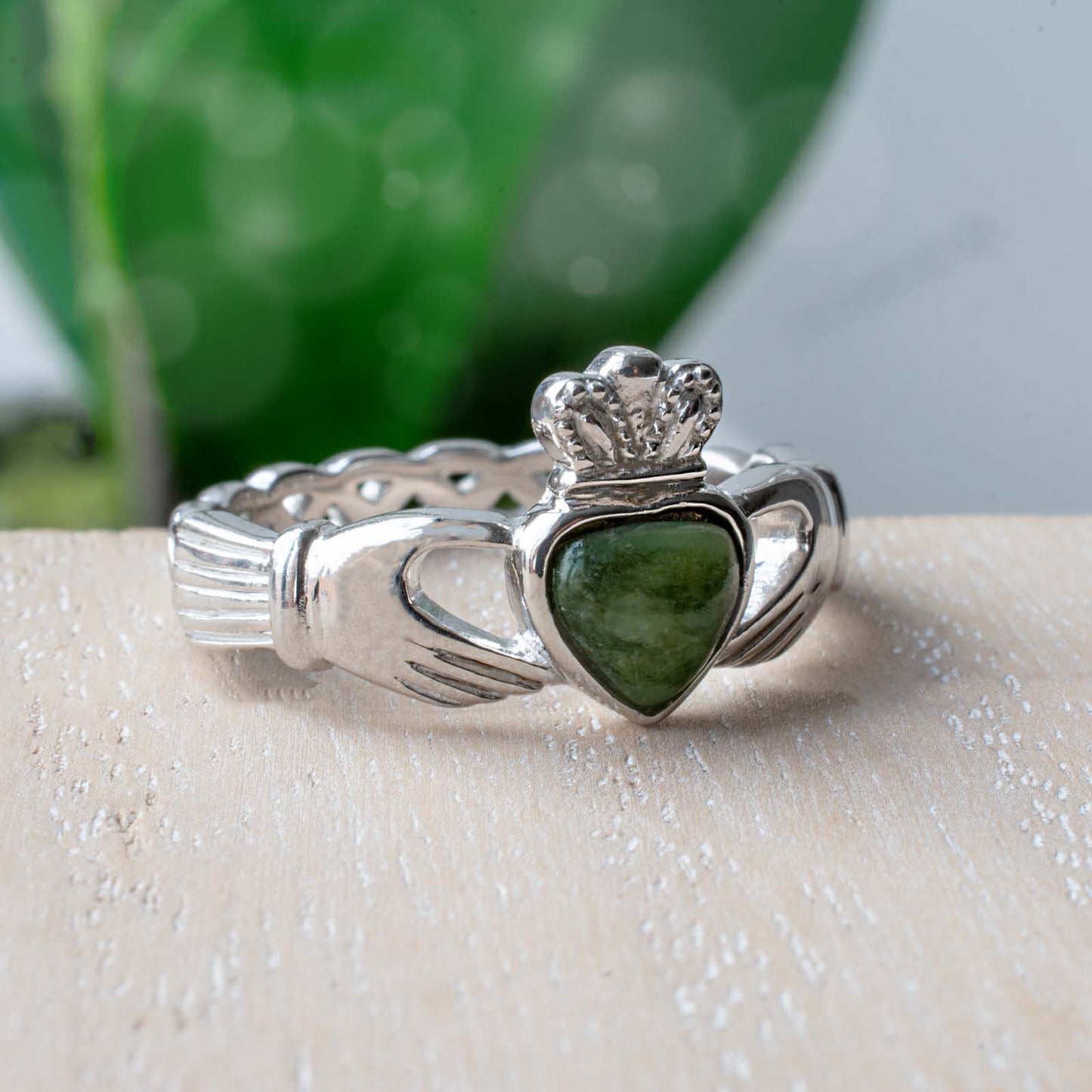Ladies Hallmarked Sterling Silver Claddagh Ring With Connemara Marble Stone