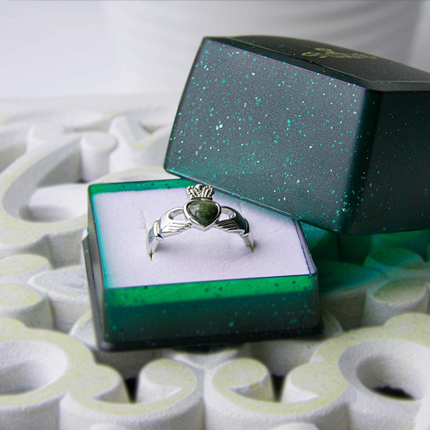 Ladies Hallmarked Sterling Silver Claddagh Ring With Connemara Marble Stone
