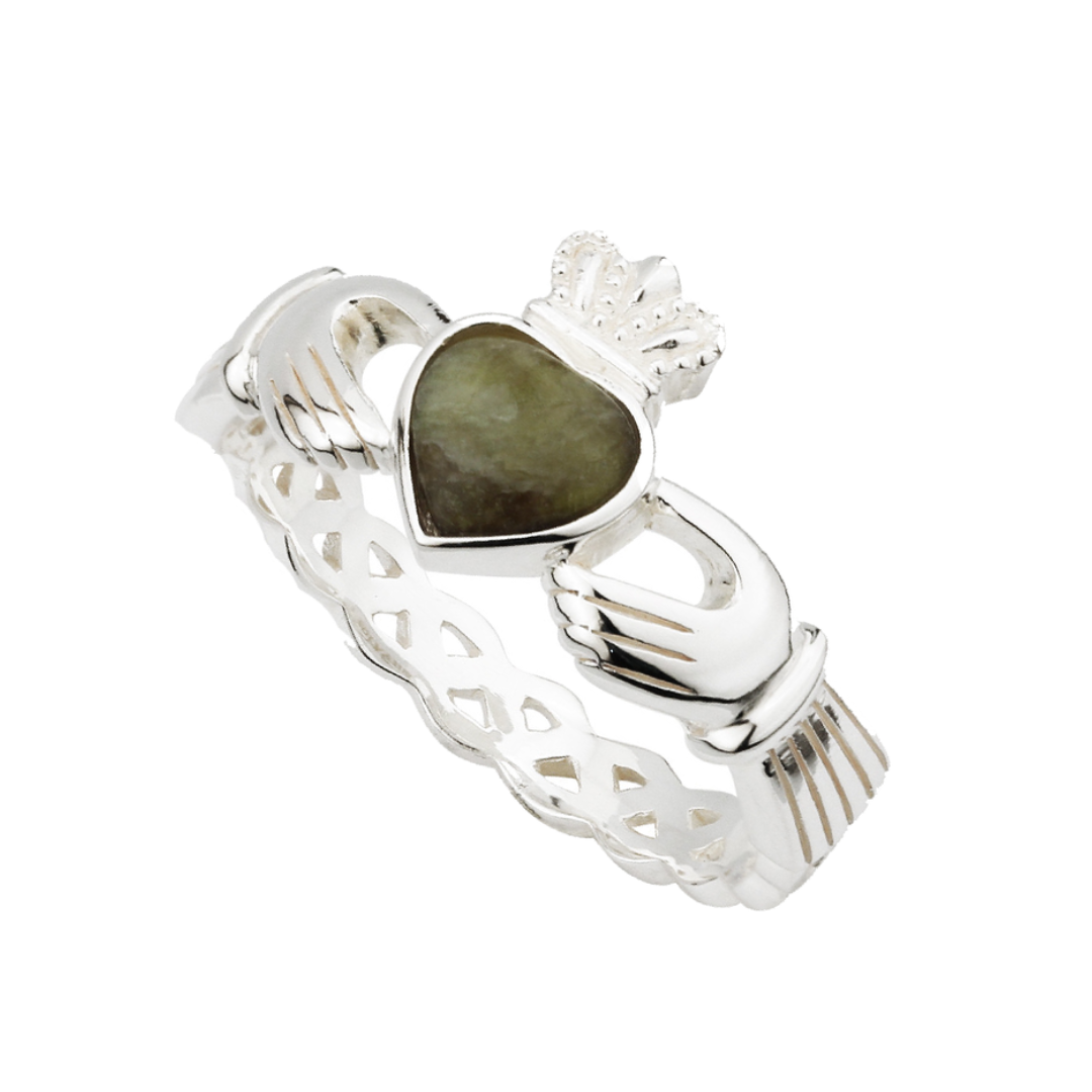 Ladies Hallmarked Sterling Silver Claddagh Ring With Connemara Marble Stone
