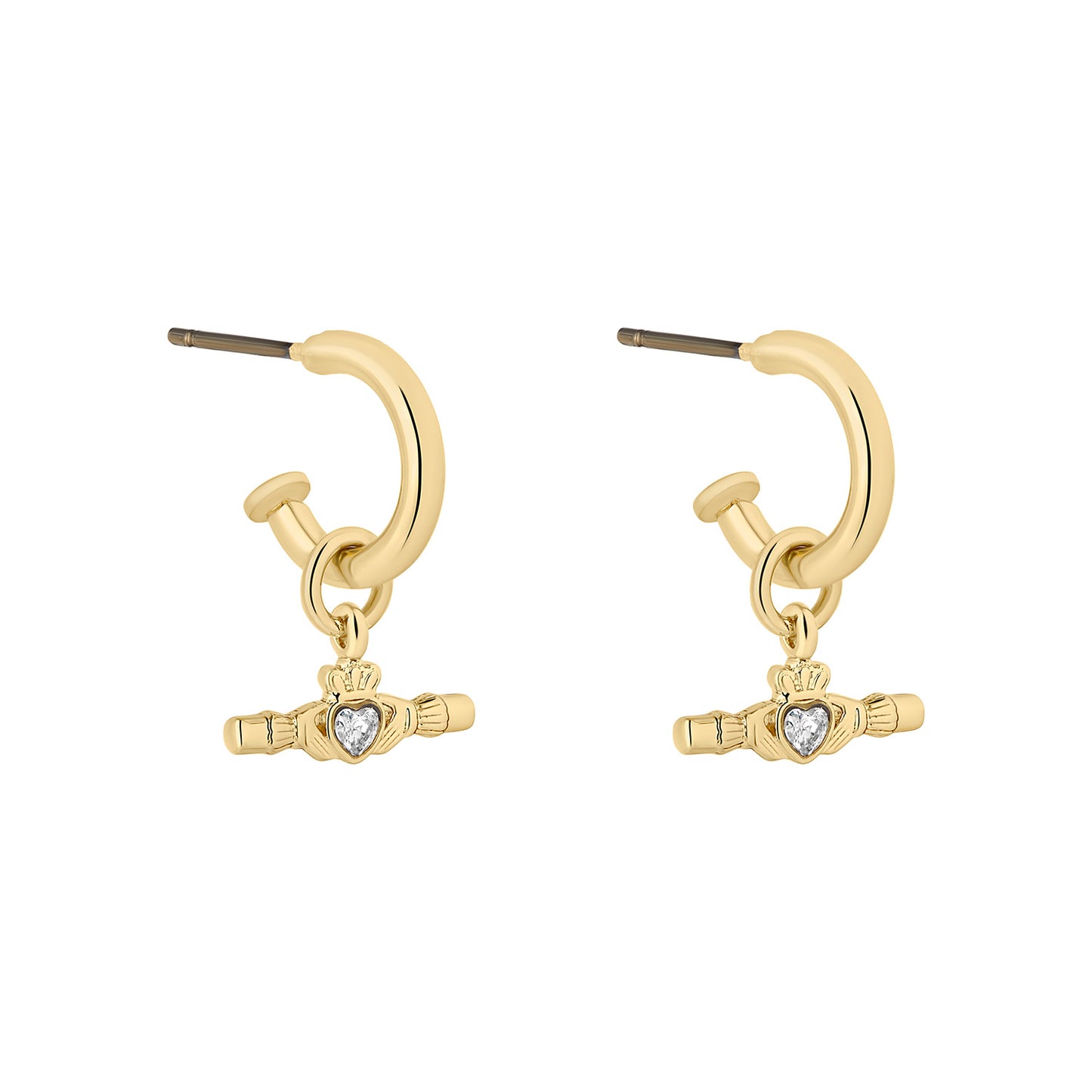 Gold Plated Green Crystal Claddagh T-Bar Hoop Earrings